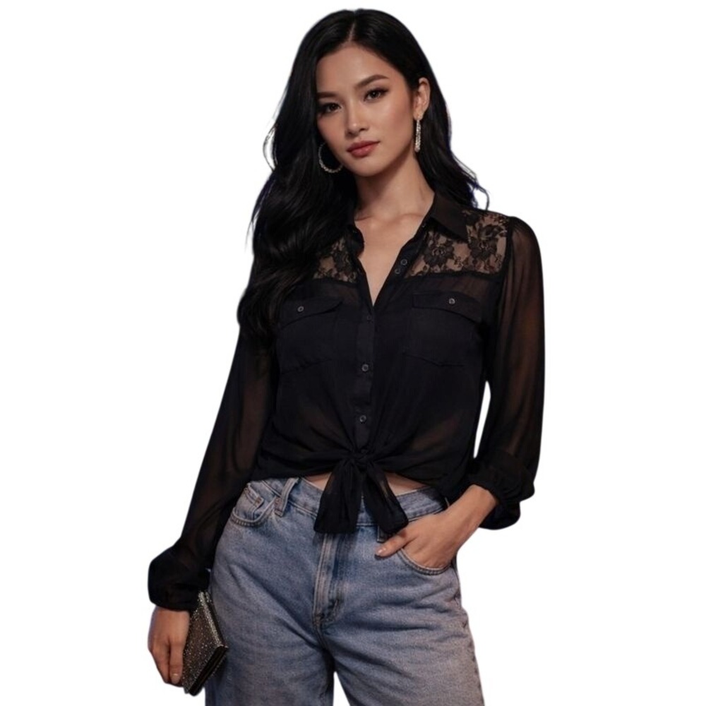 LEI Black Sheer Lace Button Up Tie Front Shirt Women's XL Y2K Dark VINTAGE Goth